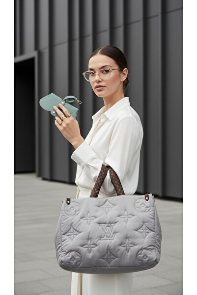 Mimoza Accessories Light Gray Quilted, Very Large, Shoulder Strap, Hand Strap...