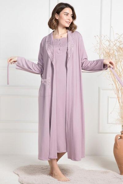 Mecit Pijama Mecit 6156 Gül Kurusu Kadın Büyük Beden Sabahlıklı Gecelik Takım