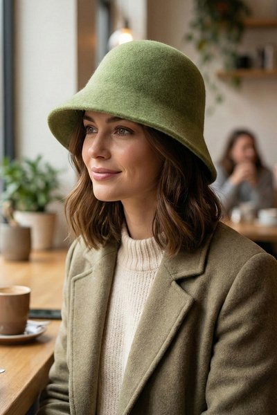 Kapin Çan Şapka Yün Keçe Kova Bucket Kırçıllı Kumaş - Yeşil