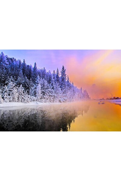 Zumzeria Tablou Canvas Răsărit de soare de iarnă peste pini acoperiți de zăpa...