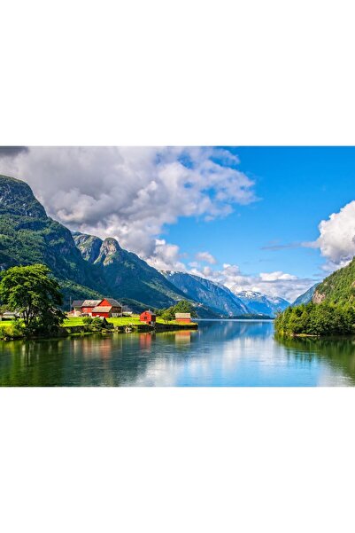 Zumzeria Tablou pânză Case din lemn lângă lacul Mountainain, 80x50cm, tablouc...