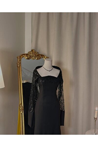 vanus fashion 6142- فستان أسود فخم بأكمام دانتيل