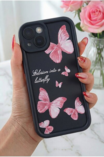 Fibaks Apple iPhone 13 Kılıf Yumuşak Dokulu Kelebek Desenli Yumuşak Kamera Ko...