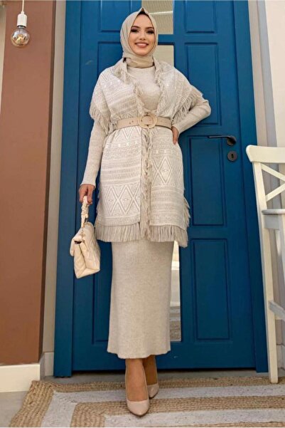 TRENDTESETTÜR KADIN BEJ (TAŞ) ETNİK DESENLİ TRİKO ŞAL T 33222