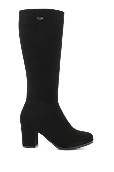 GÖNDERİ(R) حذاء نسائي من جلد الغزال الأسود بمقدمة مستديرة وسحاب وكعب سميك