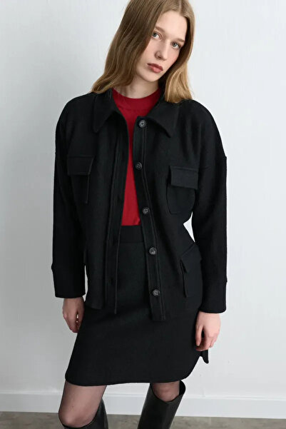 Gusto Wool Shirt Jacket with Pockets - Black