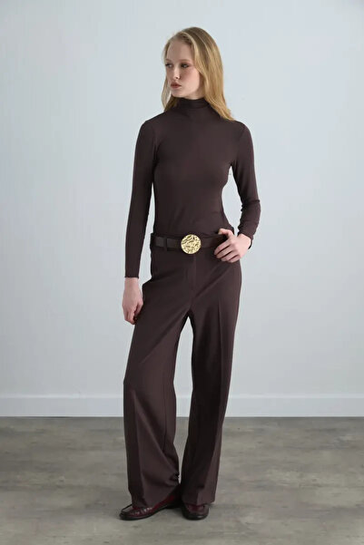 Gusto بنطلون بالازو عالي الخصر - بني