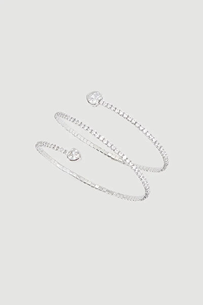 Gusto Double Row Heart Detailed Stone Cuff Bracelet - Silver