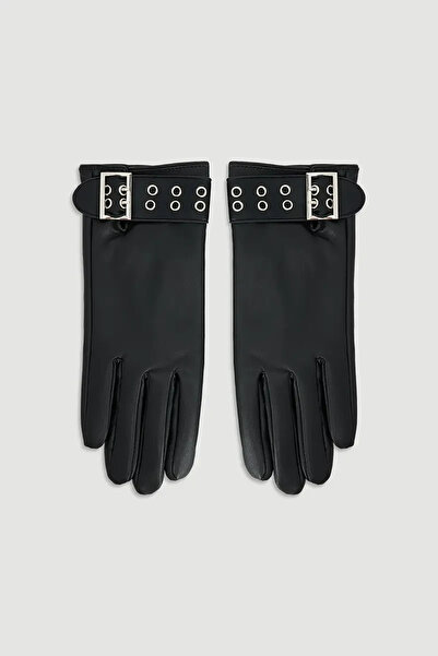 Gusto Γάντια από συνθετικό δέρμα με λεπτομέρεια ζώνης - Μαύρο