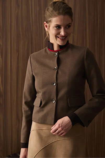 Gusto Collarless Woolen Jacket - Brown