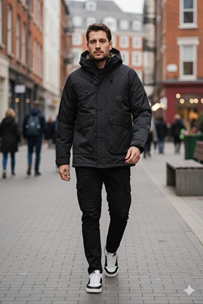 DYNAMO Erkek Siyah Dik Yaka Sabit Kapüşonlu Kapaklı Cepli Su ve Rüzgar Geçirm...