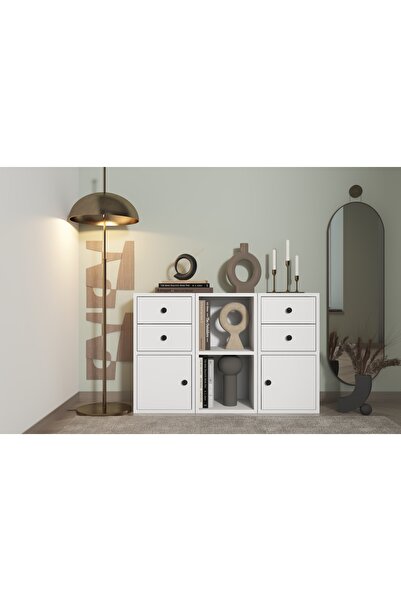 Nettrends Dört Kapaklı Dört Çekmeceli Raflı Beyaz Konsol KNS-1157-Ç