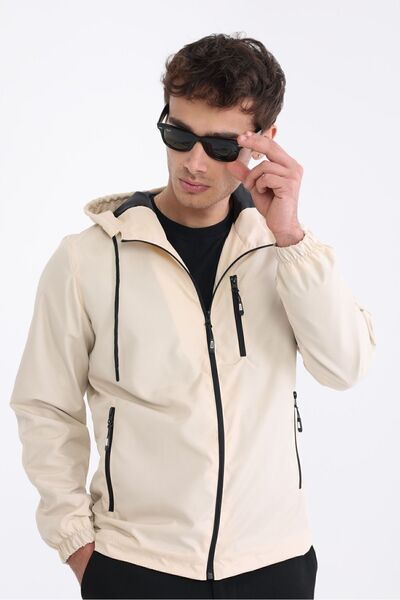 D1fference Erkek Bej Astarlı Rüzgara Dayanıklı Kapüşonlu Cepli Yağmurluk