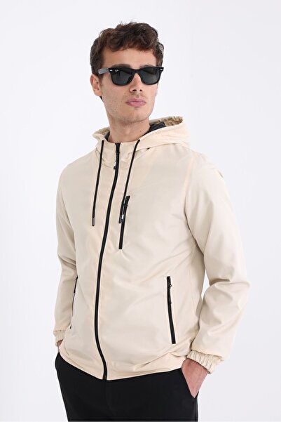 D1fference Men's Beige Lined Wind Resistant Hooded Pocket Raincoat