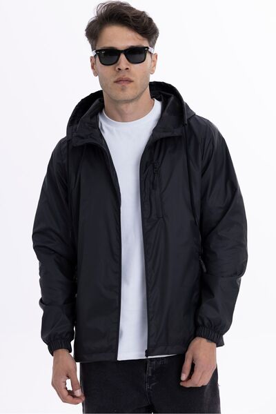 Goccix معطف واق من المطر للرجال ببطانة سوداء مقاوم للرياح مع جيب بغطاء للرأس ...