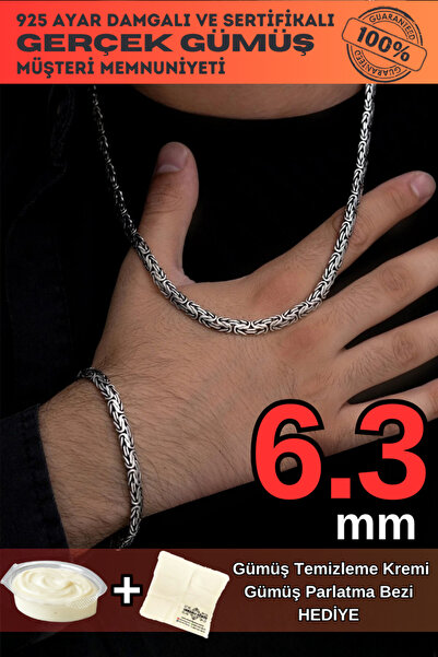 OSMANLI GÜMÜŞ Erkek Gümüş Kolye Bileklik Set - 6.3mm Yassı Ezme Kral Gümüş Bi...