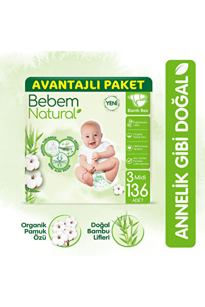 Bebem Natural Bebek Bezi 3 Beden Midi Avantajlı Paket 136 Adet