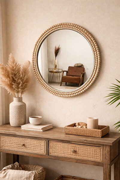 BOHEM Ahşap Boncuklu Yuvarlak Ayna 40cm , Dresuar Ayna, Konsol Ayna