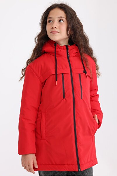 QAWWA سترة بغطاء للرأس مقاومة للرياح باللون الأحمر للفتيات - معطف شتوي من الأ...