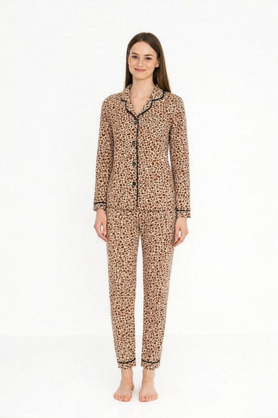 dolaş kids Leopard Print Women's Pajama Set – Long Sleeve, Soft Fabric (S–Xl)
