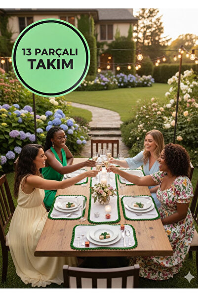 Durushe Yeşil Figürlü Runner & 4 Amerikan Servis Seti & 8 li Peçete Yüzüğü–Za...