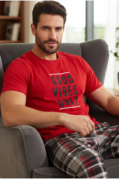 Siyah İnci kırmızı desenli Bisiklet Yaka Baskılı Örme Pijama Takım 25109828