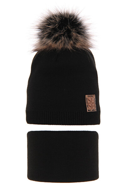 OEM Winter set for girls: Apolinka hat and circular scarf, Black color, 48-50