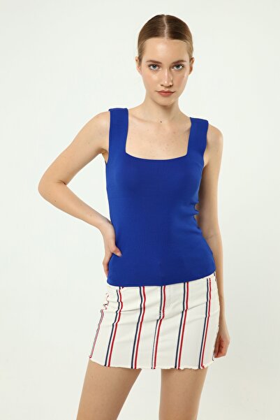 Kırçiçek Kalın Askılı Kare Yaka Yazlık Bluz Saks Mavisi