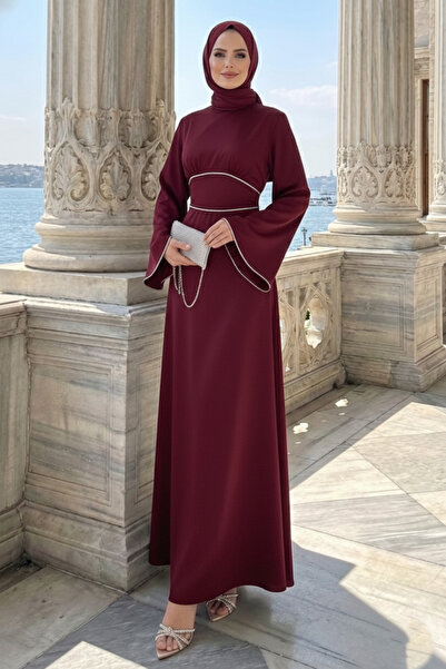 Aysan Moda Vlasi Kolu Ve Beli Inci Taşlı Saten Abiye Siyah