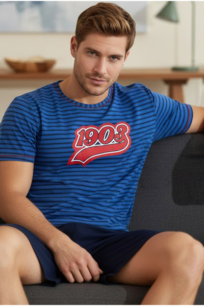 Siyah İnci saks lacivert çizgi desenli Bisiklet Yaka Baskılı Örme Şort Takım ...