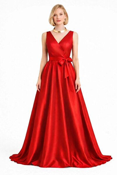 UNTIMELY Kruvaze Kapamalı & Piliseli Kuşaklı Maxi Boy Şık Tafta Elbise