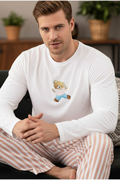 Siyah İnci Екрю візон з білою смужкою, принтом, довгими рукавами, трикотажний...