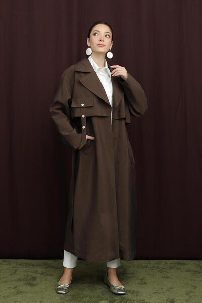 Puane Trench pentru femei cu detaliu de buzunar și curea - 15228TRC - MARO