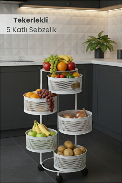Orvila 5 Katlı Tekerlekli Tepsili Metal Sebzelik Açılır Patates Soğan Meyveli...