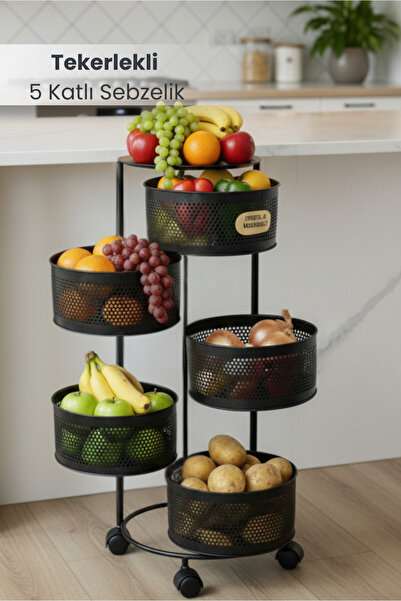 Orvila 5 Katlı Tekerlekli Tepsili Metal Sebzelik Açılır Patates Soğan Meyveli...