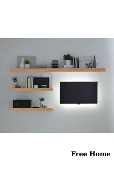 LİNDE HOME 3lü Atlantik Çam Duvar Rafı Tv Rafı Salon Dekorasyonu