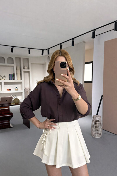 Sezgi Tekin Bow Pleated Detail Ecru Short Skirt