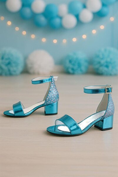 hapshoe Pantofi de seara pentru fete Elsa Blue din piele lacuita cu toc gros
