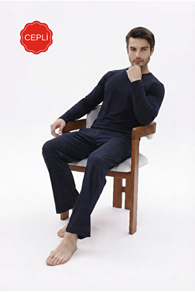 Pijamasoft طقم بيجامة رجالي من القطن المحبوك بأكمام طويلة وجيوب باللون الأزرق...