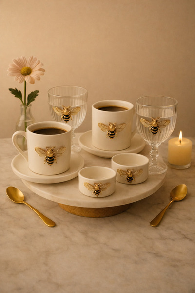YzHome طقم فناجين نحل من البورسلين لشخصين مع 2 وعاء بورسلين للحلوى التركية و2...