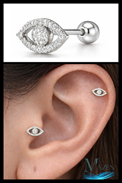 MAZEN Nazar Eye Mini Tragus Helix Piercing | Taşlı Göz Model | Gümüş Renk, Çe...