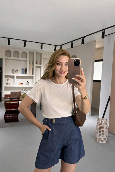 Sezgi Tekin Ειδική Σειρά Αντίστροφη Ραφή Μπλουζάκι Βαμβακερό Λινό Φυσικό Μπλο...