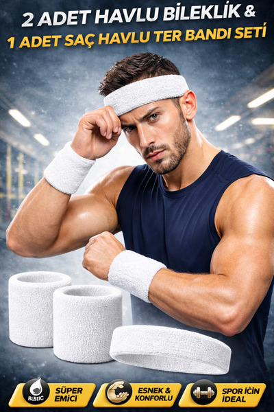 GAZELMANYA Havlu Ter Kafa Sporcu Saç Bandı Ve 2 Adet Havlu Bileklik Fitness F...