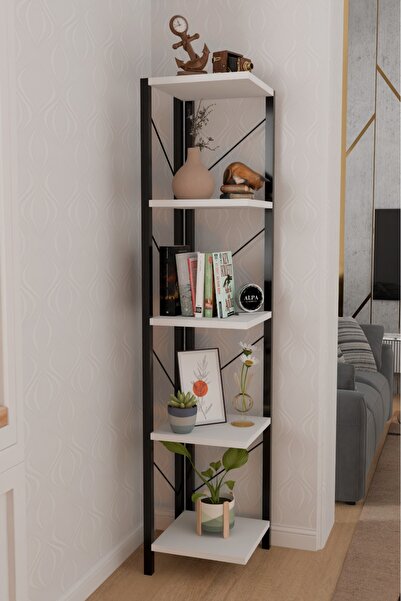 alpaevmobilya 150 cm 5 Raflı Metal Köşe Kitaplık | Salon Dekoratif Çiçeklik A...