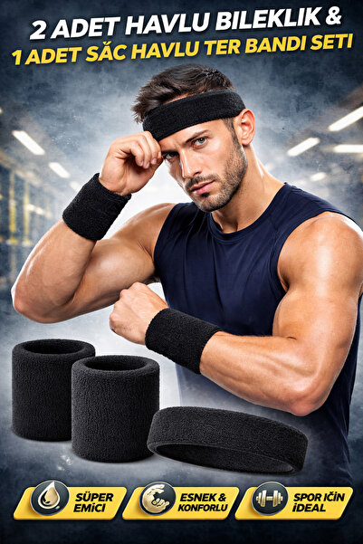 GAZELMANYA Havlu Ter Kafa Sporcu Saç Bandı Ve 2 Adet Havlu Bileklik Fitness F...