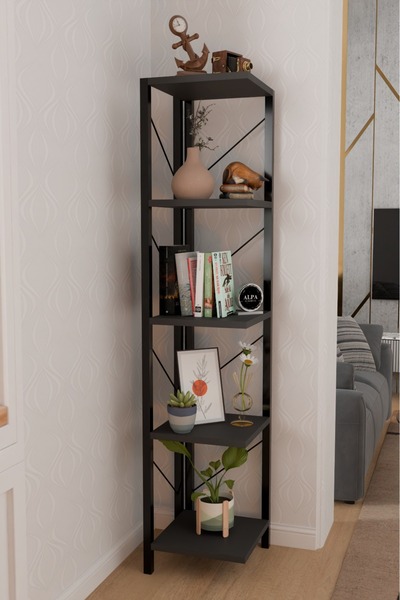 alpaevmobilya 150 cm 5 Raflı Metal Köşe Kitaplık | Salon Dekoratif Çiçeklik A...