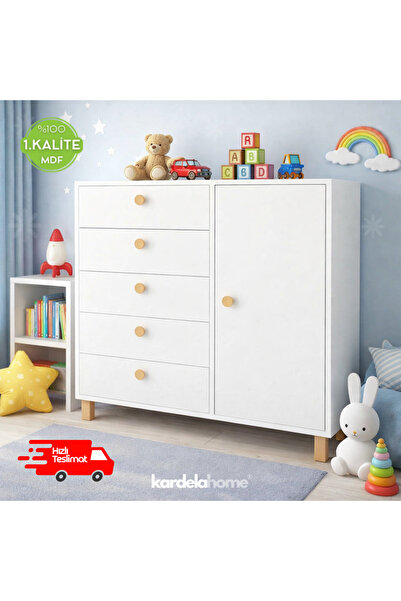 Kardelahome %100 Mdf Bebek Odası Çocuk Odası Şifonyer 5 Çekmeceli Kapaklı 3 R...