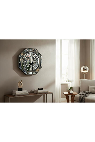 Amisos Dekor Aynalı 8gen Duvar Saati – Gümüş Çerçeve Füme Ayna 49 cm Dekorati...