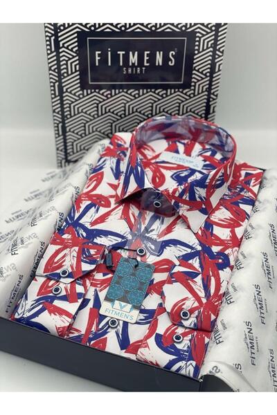 Fitmens Slim Fit Long Sleeve Digital Printed Red Blue Shirt Fs-003233 - Red