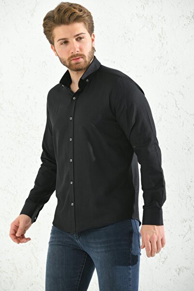 Fitmens قميص رجالي بأكمام طويلة من أكسفورد سهل الكي مع صندوق هدايا - أسود